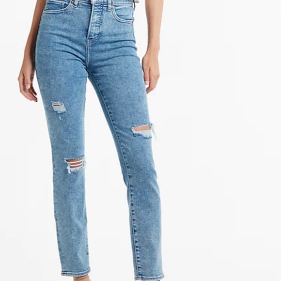 Express High Waisted Medium Wash Ripped Slim Jeans - Picture 3 of 14
